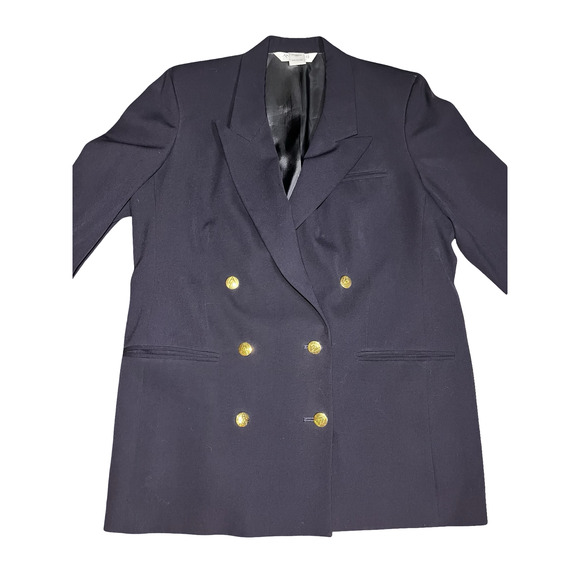 Austin Reed Blazer Womens 14W Navy Blue Wool Double Breasted Gold Button Jacket - Picture 1 of 11